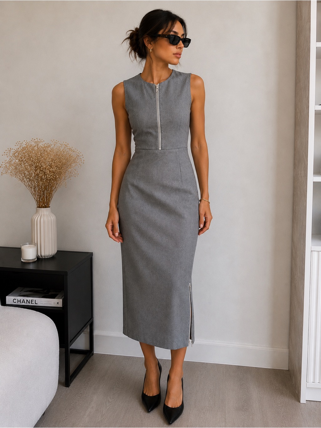 Anatomie Gray Midi Dress Made In Italy Elegant Zip Detail Never Worn